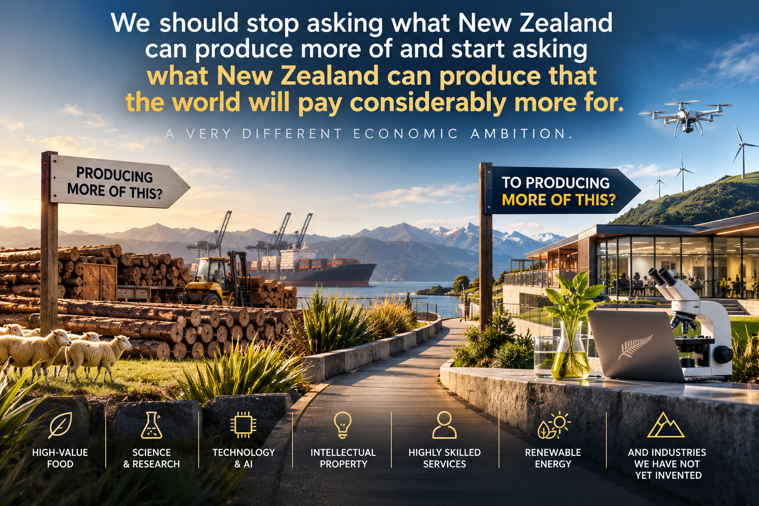 Editorial illustration contrasting commodity exports with higher-value food, science, technology, intellectual property, skilled services and renewable energy. The central message asks what New Zealand can produce that the world will pay considerably more for.
