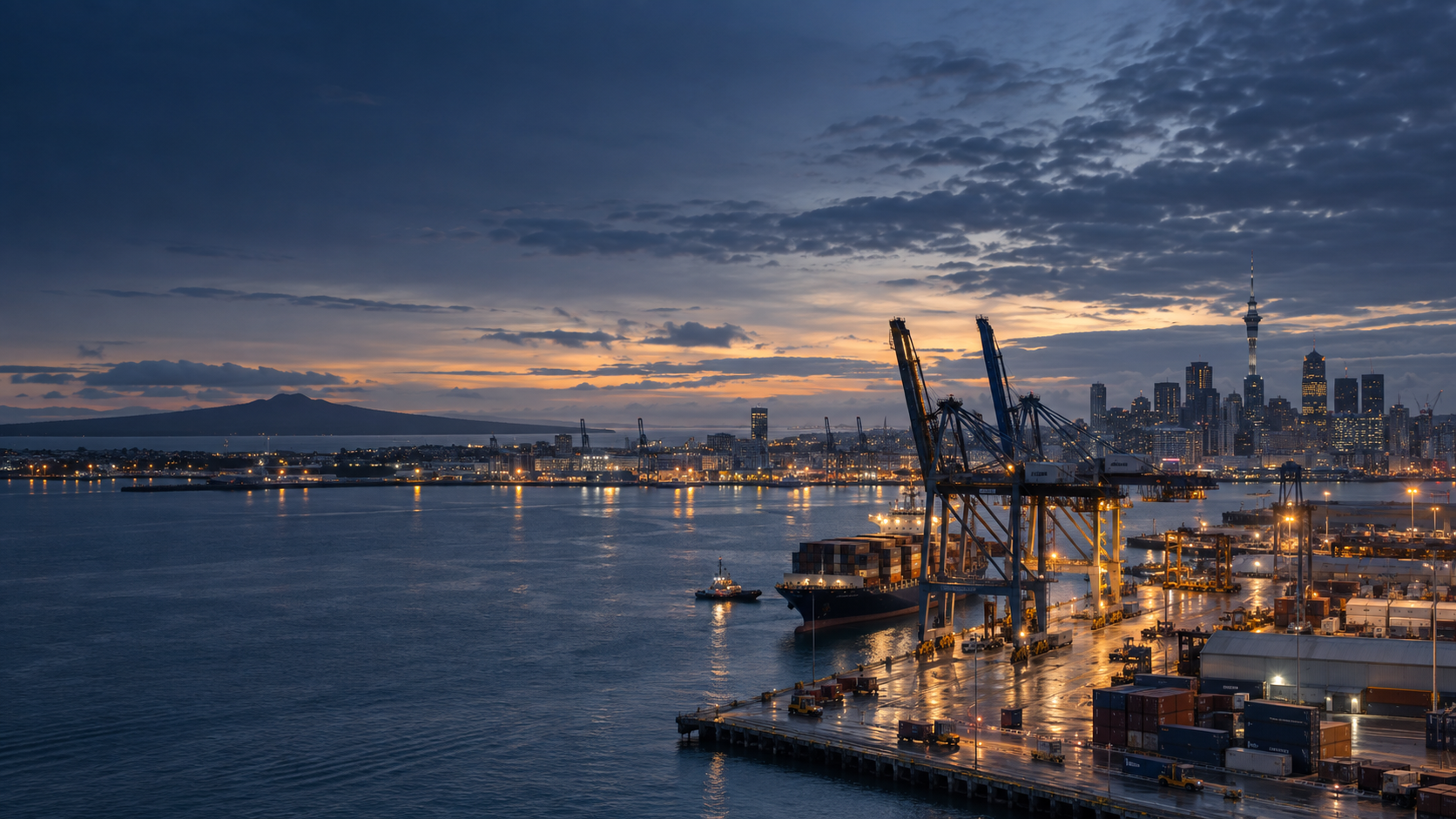 AI-generated illustrative view of Auckland's working waterfront at dawn
