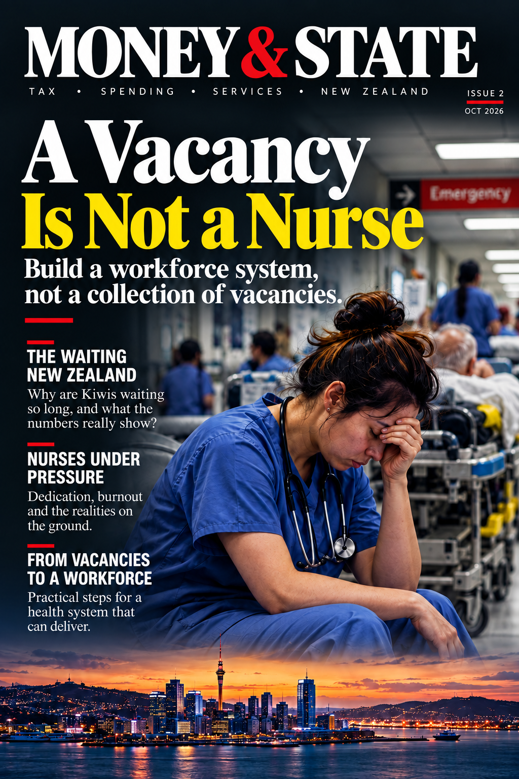 Money & State Issue 2 cover, titled A Vacancy Is Not a Nurse, showing an exhausted nurse in a crowded hospital corridor